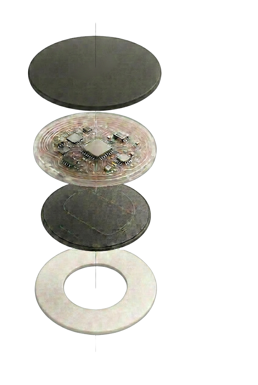 Exploded view of the Melve patch showing sensor cover, circuit board, flexible battery, and skin adhesive
