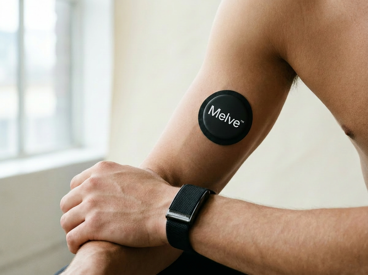 Melve Smart Patch worn next to a smartwatch on the wrist